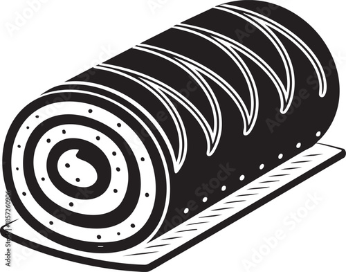 Swiss Roll Cake with Icing Swirl – Black Line Vector Silhouette Featuring Spiral Texture and Rectangular Tray