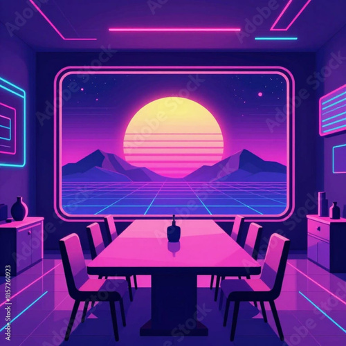 Vibrant synthwave dining room with a retro-futuristic sunset landscape view