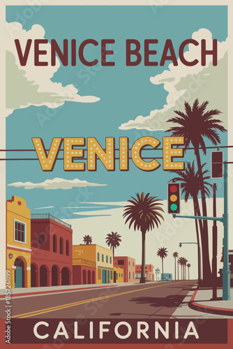 Venice beach travel vector, vintage california poster design with palm-lined boardwalk, sunny tropical atmosphere, and classic lifeguard tower on the sandy shore.