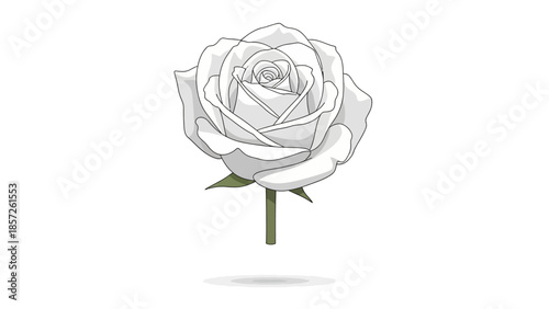 Elegant white rose illustration with green stem and leaves