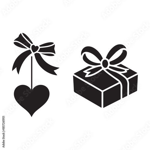 A striking black and white depiction of a gift box paired with a heart both in silhouette
