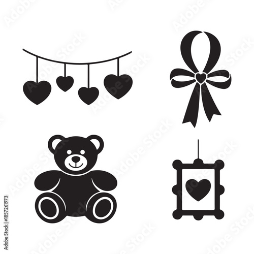 A collection of valentine s day icons including a teddy bear hearts and a gift all in silhouette