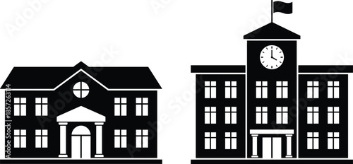 School and university building silhouettes, classic education architecture, clock tower academic institutions, black landmark facades isolated on white background