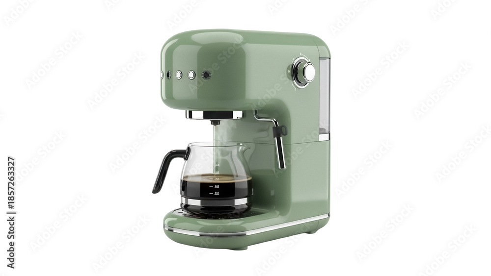 Fototapeta Retro green coffee maker with glass carafe isolated PNG, vintage style kitchen appliance for brewing hot beverages on transparent background