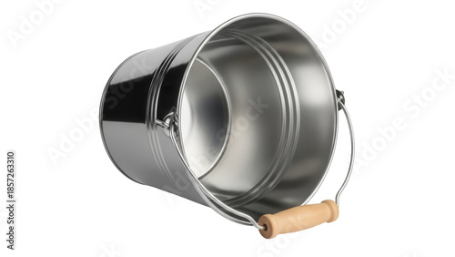 Obraz na plátně Shiny metal bucket with wooden handle isolated PNG, empty pail for cleaning or g
