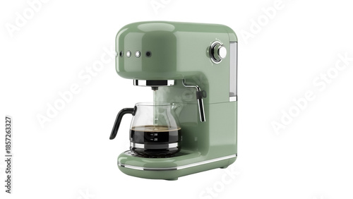 Retro green coffee maker with glass carafe isolated PNG, vintage style kitchen appliance for brewing hot beverages on transparent background