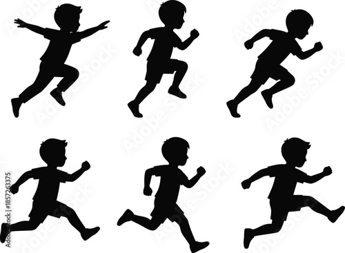 Running children silhouettes, playful kids movement, jumping and sprint poses, active childhood action, black child figures isolated on white