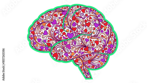 Vibrant brain illustration with colorful hearts and swirls design
