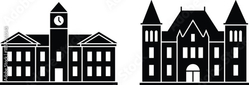 Historic building silhouettes, classic architecture icons, university and government structures, black landmark facades, isolated architectural symbols on white background
