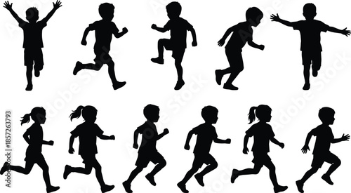 Children running silhouettes, active kids movement, playful boys and girls, dynamic childhood action poses, isolated black figures on white background