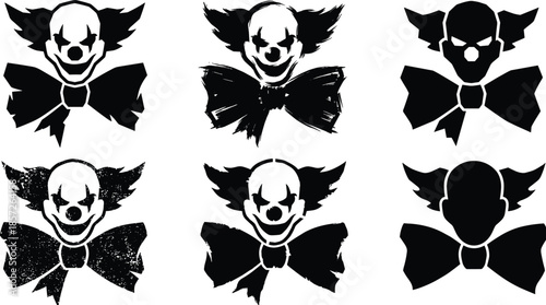 Scary clown face silhouettes with bow ties, creepy halloween joker illustration set