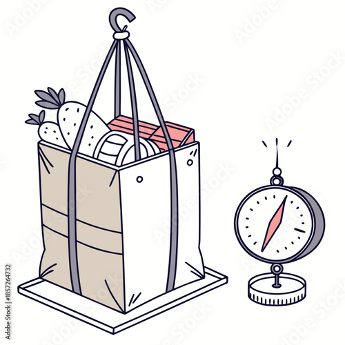 A whimsical illustration depicts a suspended tote bag filled with groceries and a nearby analog clock suggesting time and provisions