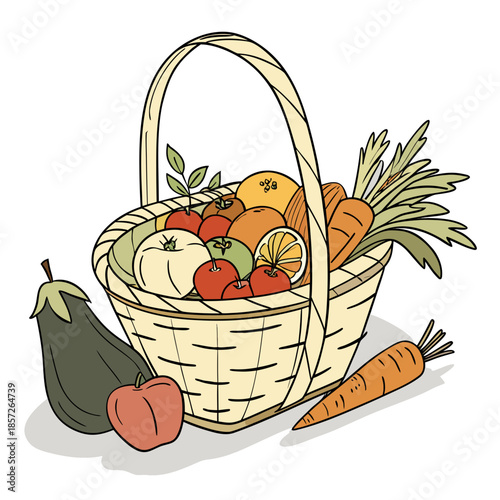 A charming illustration depicts a woven basket brimming with fresh produce including apples carrots pears and other colorful fruits and