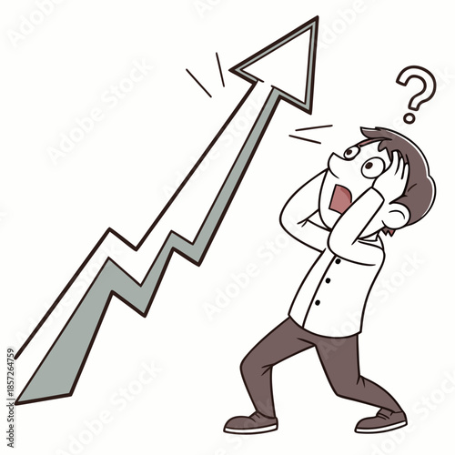 A startled man struggles to hold onto a rapidly ascending graph symbolizing unexpected growth and potential instability