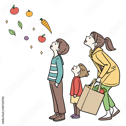 A mother and two children gaze upwards at falling fruits and vegetables carrying a shopping bag together