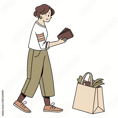 A young woman is shown carrying groceries in paper bags while looking at a wallet or cardholder