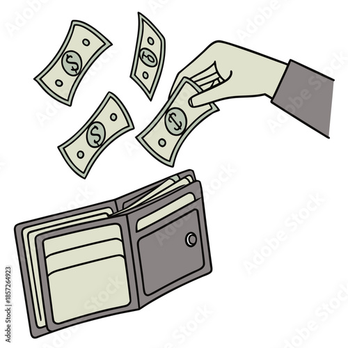 An illustration depicts a hand releasing money from a wallet showing financial transactions or spending in a simple sketched style