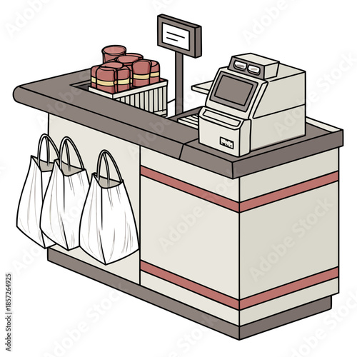 a detailed illustration of a checkout counter with several items and shopping bags present in a retail environment