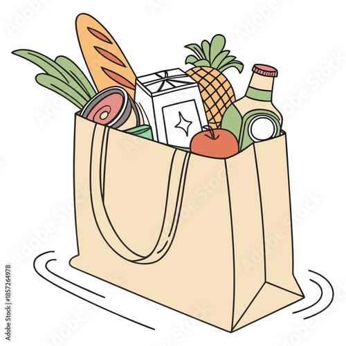 A colorful illustration showcases a beige shopping bag brimming with various food items including bread fruit and canned goods