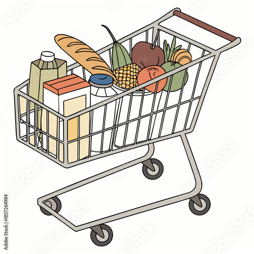 A colorful shopping cart overflowing with fresh produce dairy and bakery items illustrating a grocery haul high quality