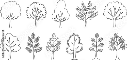 Set of minimalist tree line drawings, black and white outline illustration collection showing various tree shapes for nature, design, decoration use