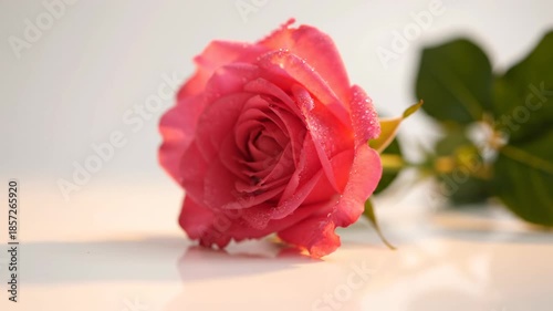 Soft focus and gentle movement as a delicate pink rose sways in a subtle breeze under warm, shifting studio lighting on an isolated white floor advertisement, Soft focus, pastel