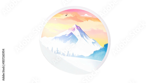 Mountain landscape illustration in a circle with a colorful sky