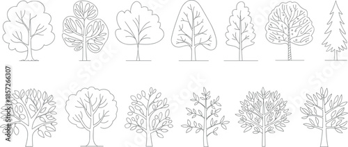 Set of minimalist tree line drawings, black and white outline illustration collection showing various tree shapes for nature, design, decoration use