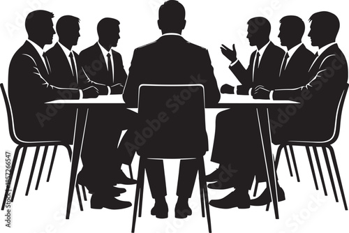 Silhouette of a business team having a meeting around a conference table in a boardroom, concept of corporate discussion and partnership.