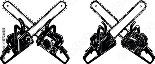 Silhouette of crossed chainsaws for woodcutter and lumberjack logo design, black and white vector illustration of industrial power tools.