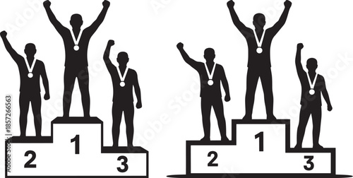 Silhouette of winners celebrating on a podium with medals, concept of success, victory, and achievement in competition or business.