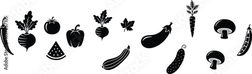 Vegetable and fruit silhouette icons set, fresh organic produce, healthy food symbols, black vector illustration collection