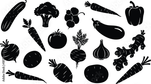 Vegetable silhouette icons set, fresh organic farm produce, root crops and vegetables, black vector food collection