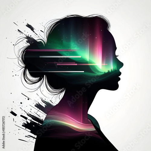 Woman's silhouette filled with vibrant northern lights and dynamic streaks of light