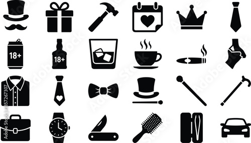 Gentleman lifestyle icons set with accessories, fashion, alcohol, tools and objects, black silhouette vector symbols collection
