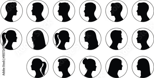Male and female profile avatar icons set, human head silhouettes in circular frames, black vector user portraits collection