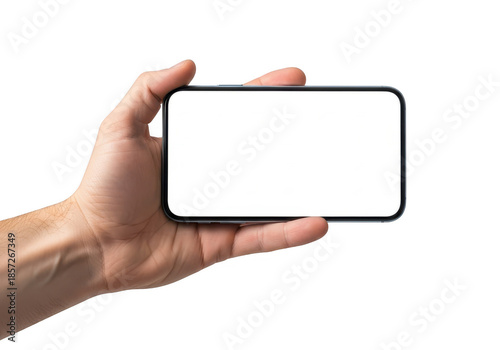 Hand holding smartphone horizontally isolated on transparent background