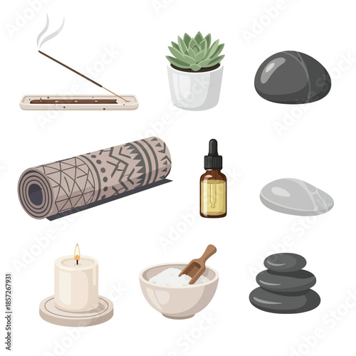 A collection of items for relaxation and wellness, including incense, a yoga mat, essential oil, candles, bath salts, and spa stones.