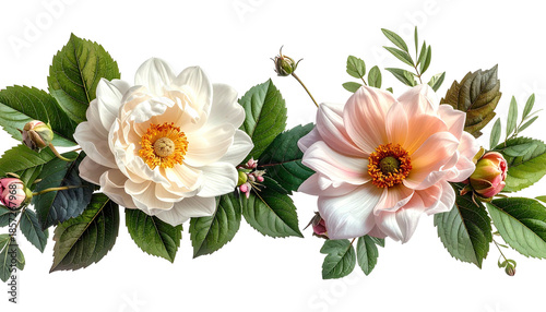 Floral border featuring two blooms, buds, and lush green leaves