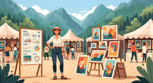 Artist Standing Near Paintings at Outdoor Market.