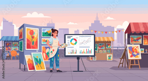 Artist Painting on Easel in Market.