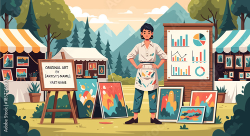 Artist Standing with Paintings at Outdoor Market.