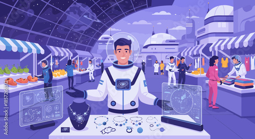 Astronaut in Space Suit Examining Objects.