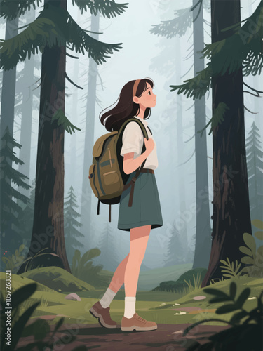 Illustration Of A Female Adventurer Carrying A Bag In A Quiet Forest Vector Design Template