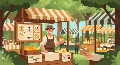 Beekeeper Selling Honey at Outdoor Market.