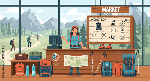 Cartoon Travel Agent at Desk with Luggage.