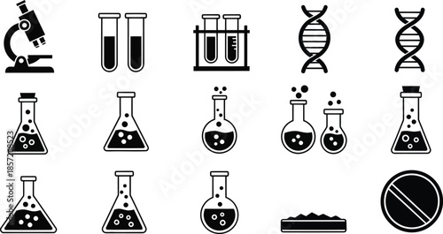 Collection of laboratory equipment and biology icons for science and research