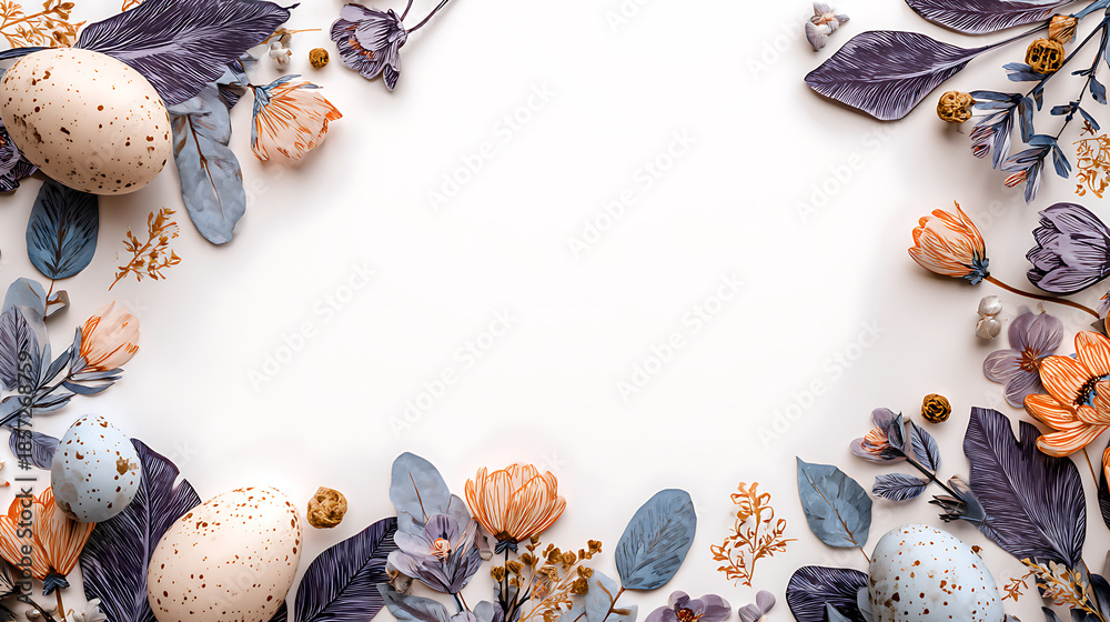 Fototapeta premium Easter Eggs and Autumnal Floral Border on White graphic