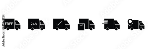 Delivery truck solid icon set. Delivery truck icon set. Fast delivery icon set. Free shipping, express delivery, 24 hours, fast van.
