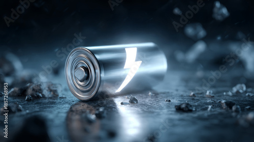 Battery power energy electric energy storage technology concept with lightning bolt symbol metallic battery lying rough surface